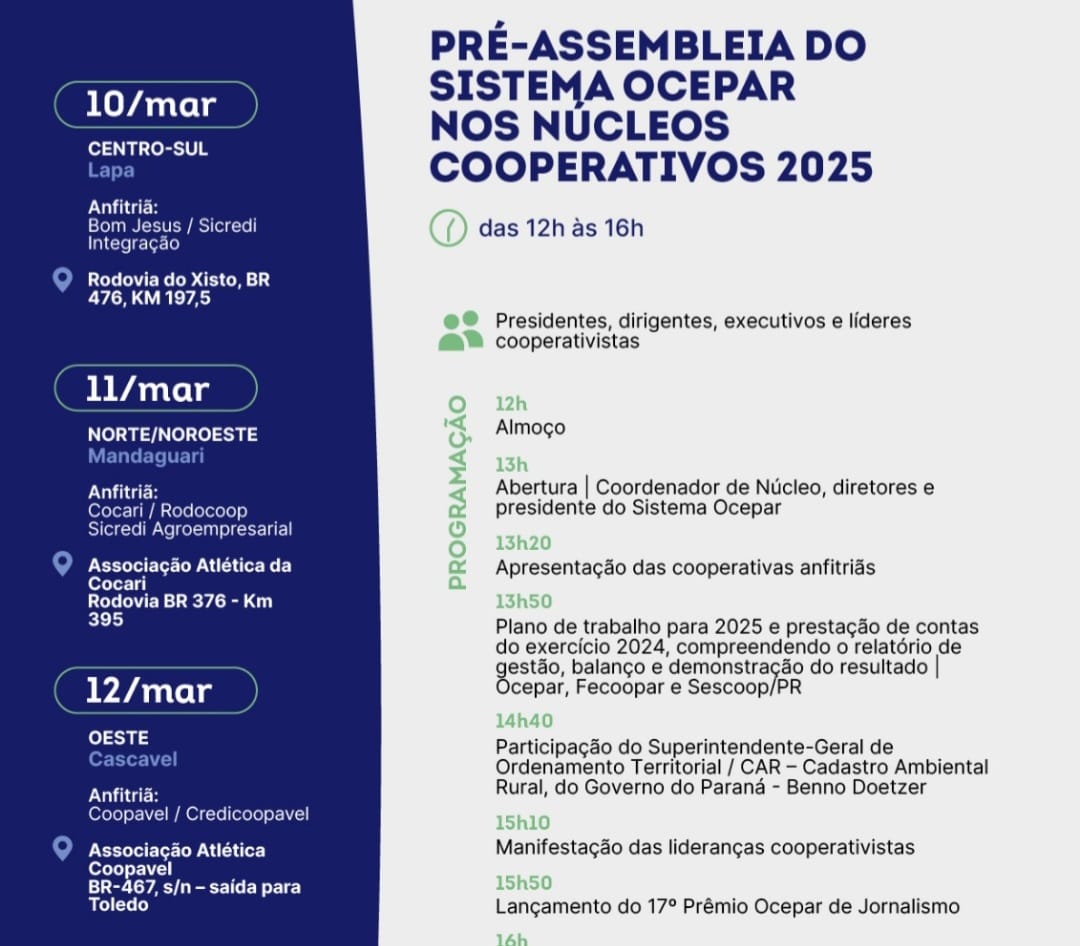 Ocepar promove pré-assembleias e lança 17º Prêmio de Jornalismo, quarta, em Cascavel